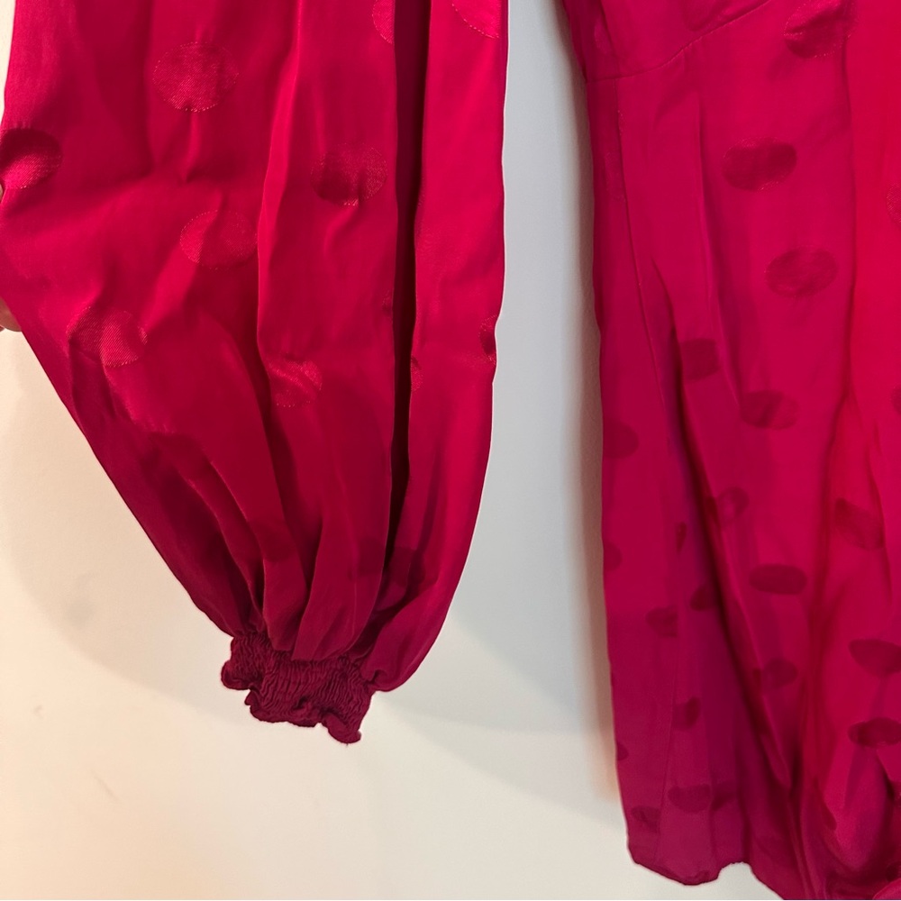 Zara Polka Dot Satin V Neck Ruched Long Sleeve Dress Magenta Size Medium - Picture 6 of 10